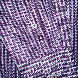 QUIETI Mens Geometric Print Dress Shirt Long Sleeve Fine Cotton Purple M‎